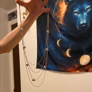 Extra Long Multi Layer Silver Beaded Necklace